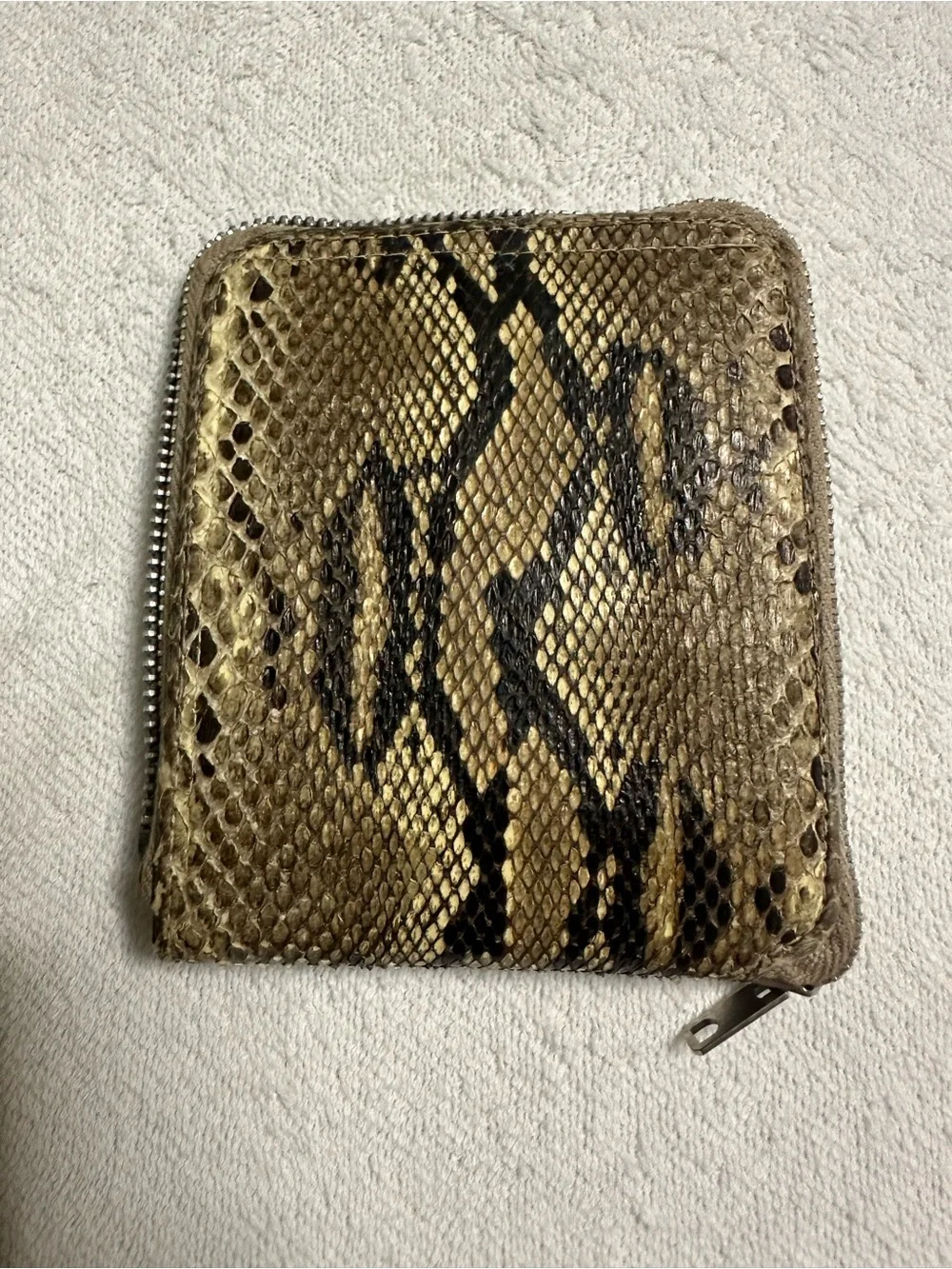Vintage snakeskin Compact Zip Wallet in Brown with Black Trim. Exotic. Boho.